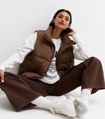 Brown Puffer Crop Gilet | New Look