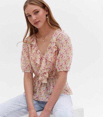 Pink Floral Chiffon Frill Peplum Blouse 