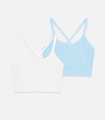 Girls 2 Pack Pale Blue and White Ribbed Seamless Long Crop Tops
