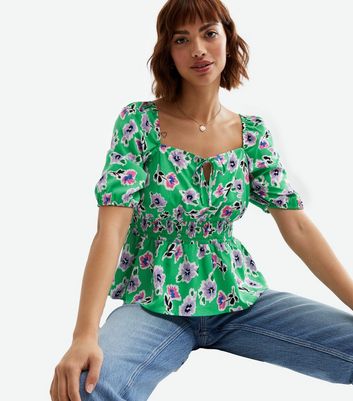 Click to view product details and reviews for Green Floral Square Neck Peplum Blouse New Look.