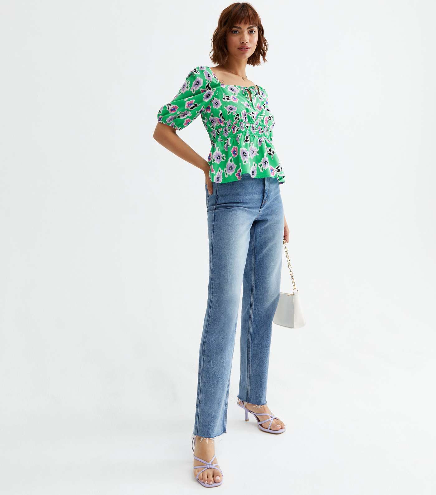 Green Floral Square Neck Peplum Blouse Image 2