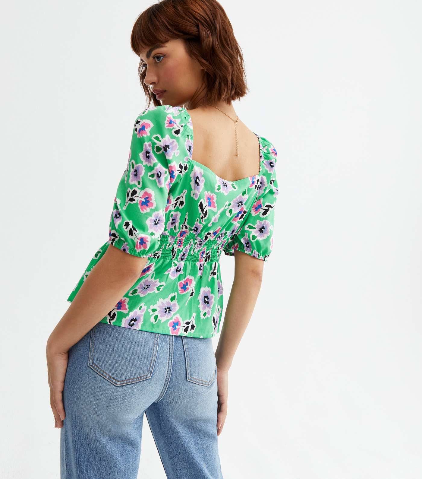 Green Floral Square Neck Peplum Blouse Image 4