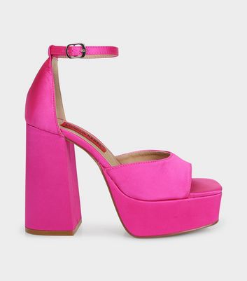 London Rebel Mid Pink Satin Platform Block Heel Sandals New Look