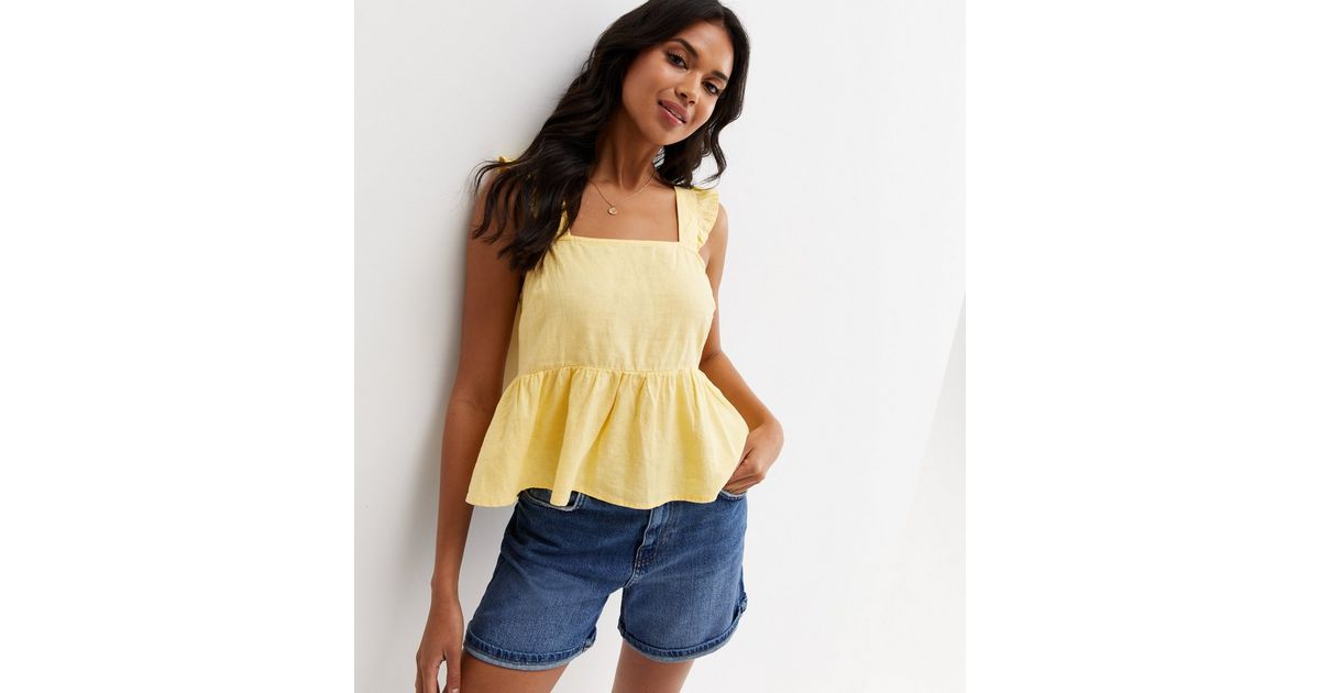 Pale Yellow Linen Blend Tie Back Peplum Cami New Look
