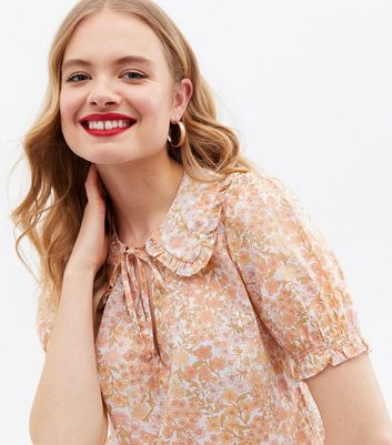 Orange Floral Frill Collar Blouse New Look