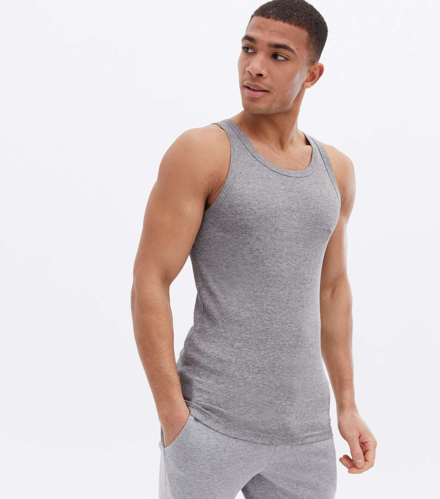 Grey Marl Ribbed Muscle Fit Vest Image 2