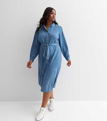 Curves Blue Lightweight Denim-Look Midi Shirt Dress