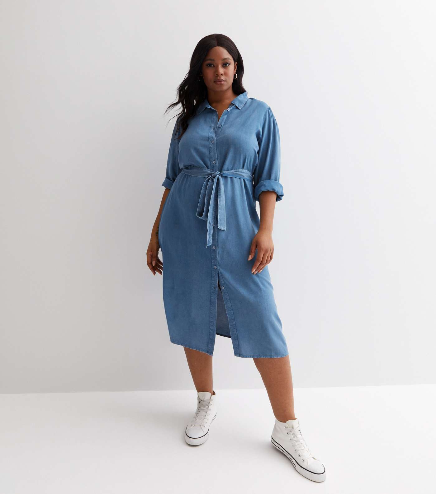 Curves Blue Lightweight Denim-Look Midi Shirt Dress Image 2