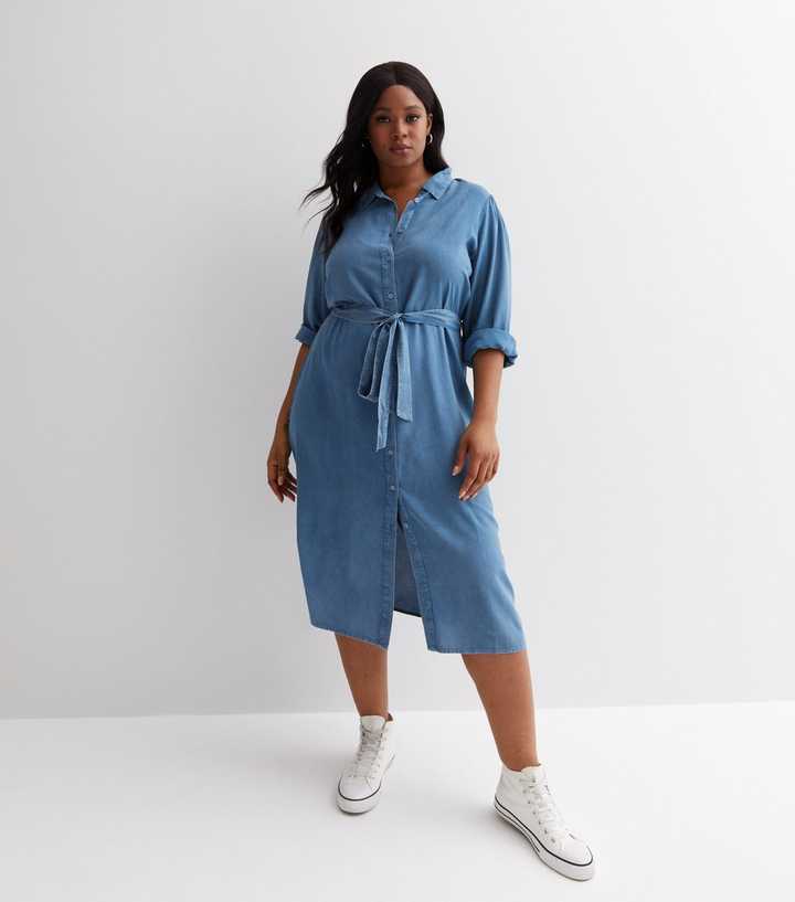 Curves Blue Lightweight Denim-Look Midi Shirt Dress