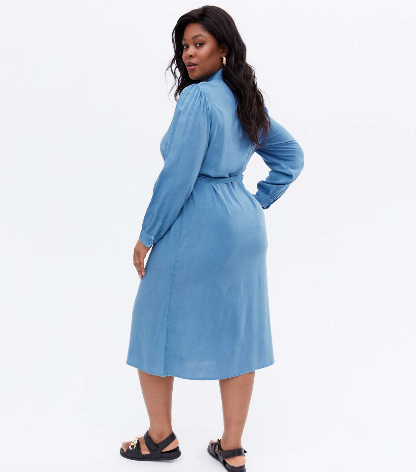 Curves Bright Blue Denim Long Sleeve Midi Shirt Dress Image 4
