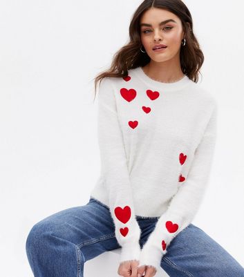 Sunshine Soul White Heart Fluffy Knit Jumper New Look