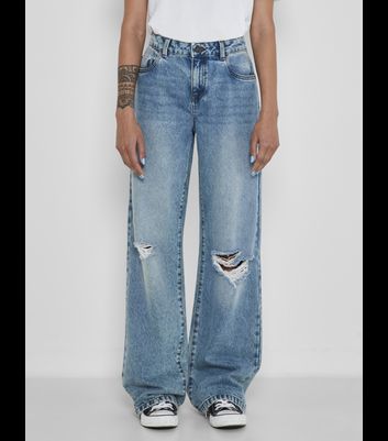 Click to view product details and reviews for Noisy May Pale Blue Ripped Knee Wide Leg Jeans New Look.