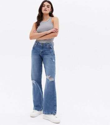 Zara, Jeans, Zara Wide Leg High Rise Rip Knee Jeans