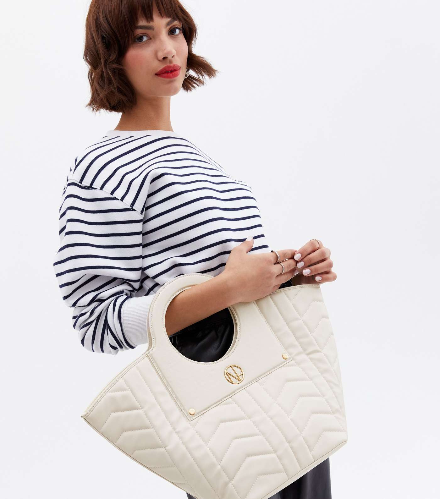 Off White Quilted Embellished Tote Bag Image 2