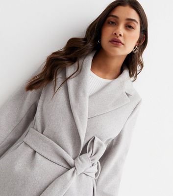 Pale Grey Unlined Belted Long Coat