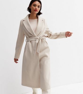 Cream Unlined Belted Long Coat New Look