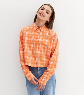 Girls Orange Check Long Sleeve Shirt 
