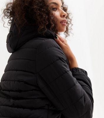 Black lightweight hooded puffer jacket sale