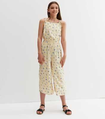 Girls Yellow Floral Frill Wide Leg Crop Jumpsuit