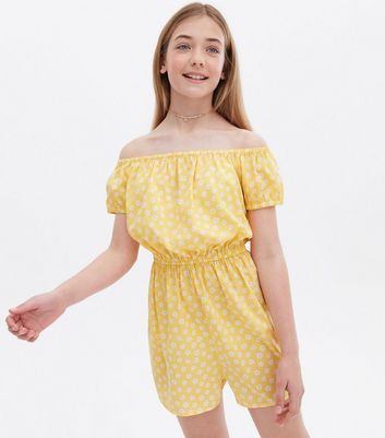 Girls Yellow Floral Crepe Bardot Playsuit