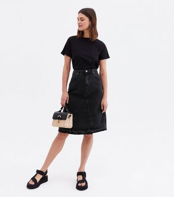 ONLY Black Denim Raw Hem Midi Skirt New Look