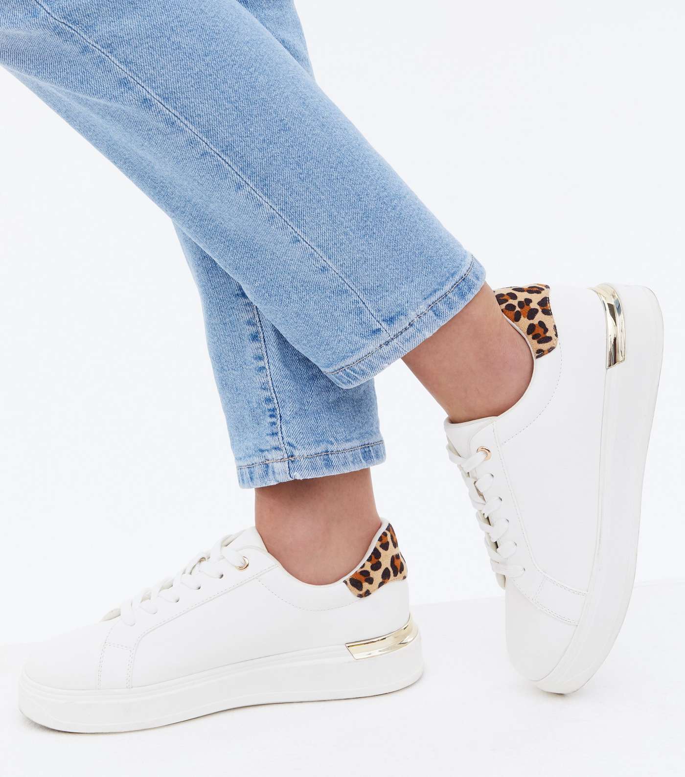 White Leopard Print Lace Up Metal Trim Chunky Trainers Image 2