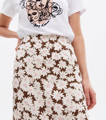 Brown Daisy Bias Cut Midi Skirt New Look