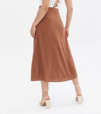 Brown Spot Split Midi Skirt New Look