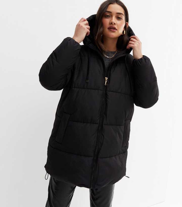 Black Mid Length Hooded Puffer Jacket