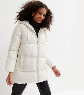 womens mid length puffer coat with fur hood
