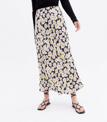 Black Daisy Bias Cut Midi Skirt New Look