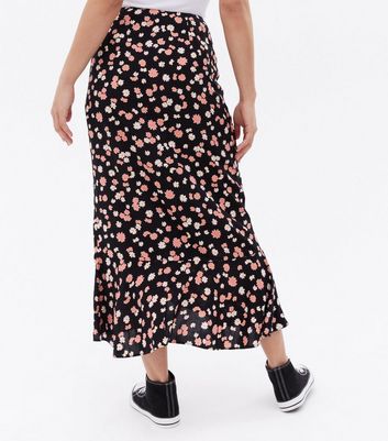 Black Floral Ruffle Midi Wrap Skirt New Look