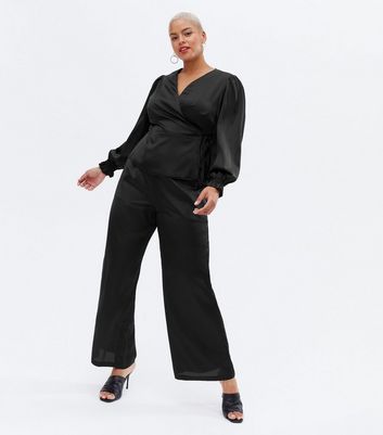 Curves Black Satin Wrap Blouse | New Look
