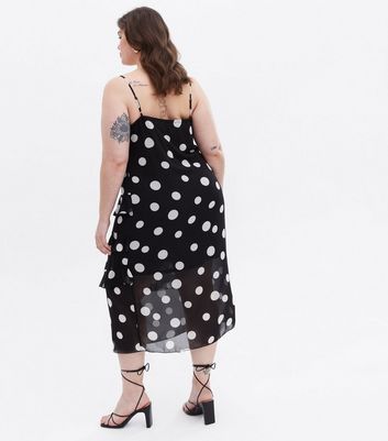 Damen Bekleidung Curves Black Spot Chiffon Ruffle Midi Wrap Dress