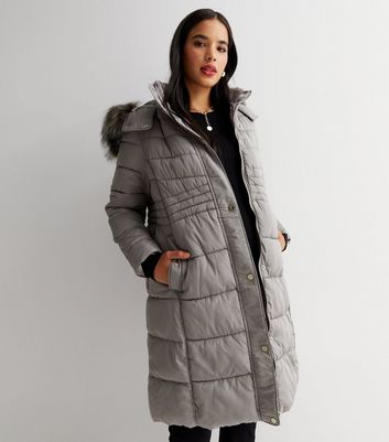 Maternity Pale Grey Long Hooded Puffer Jacket