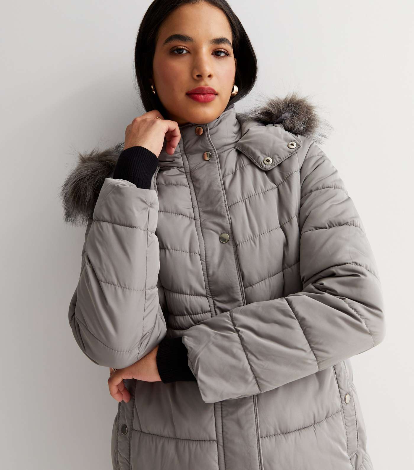 Maternity Pale Grey Long Hooded Puffer Jacket Image 3