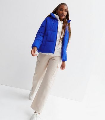 neon blue puffer jacket