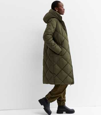 Tall Khaki Quilted Long Hooded Puffer Jacket