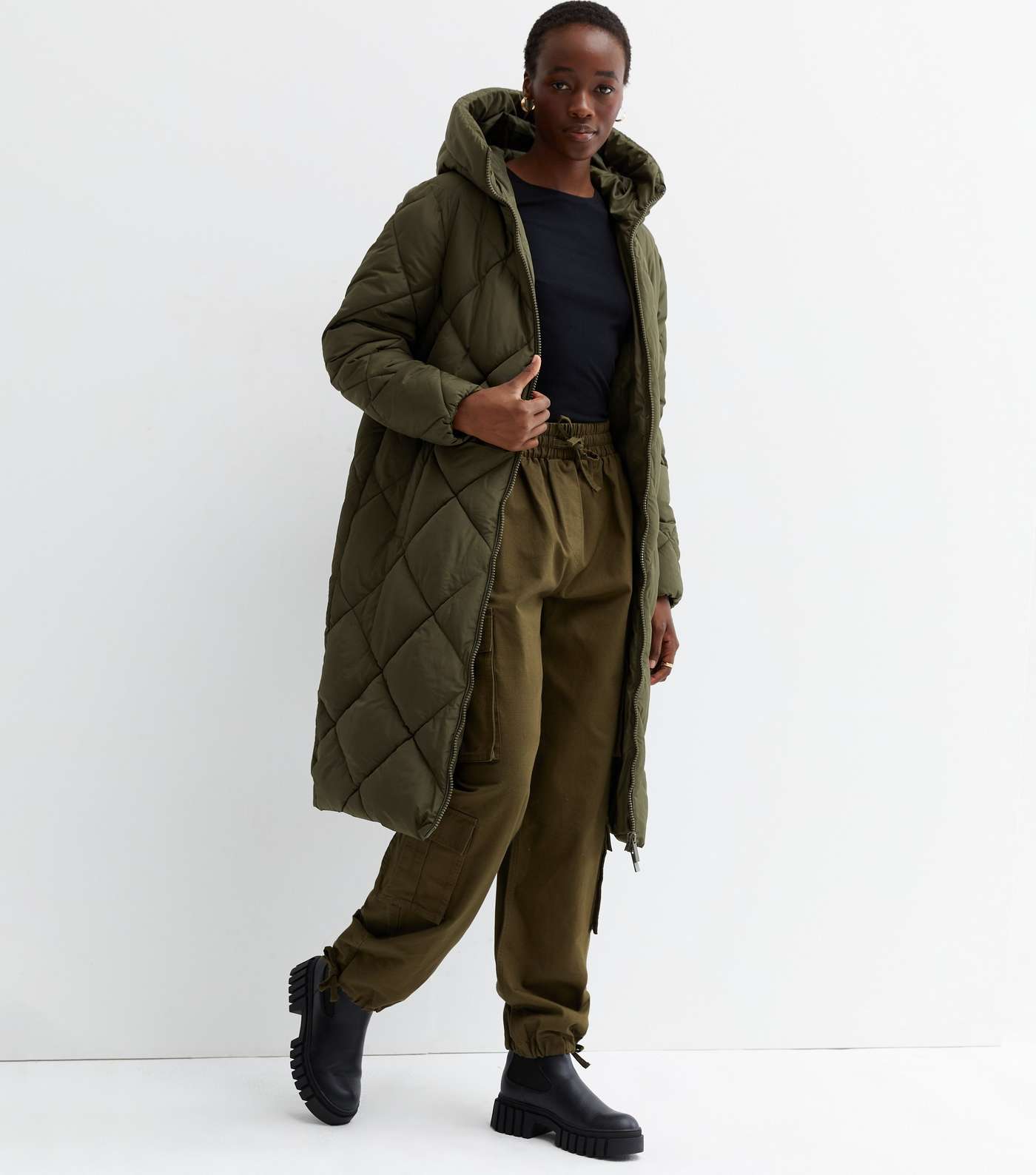 Tall Khaki Quilted Long Hooded Puffer Jacket Image 2