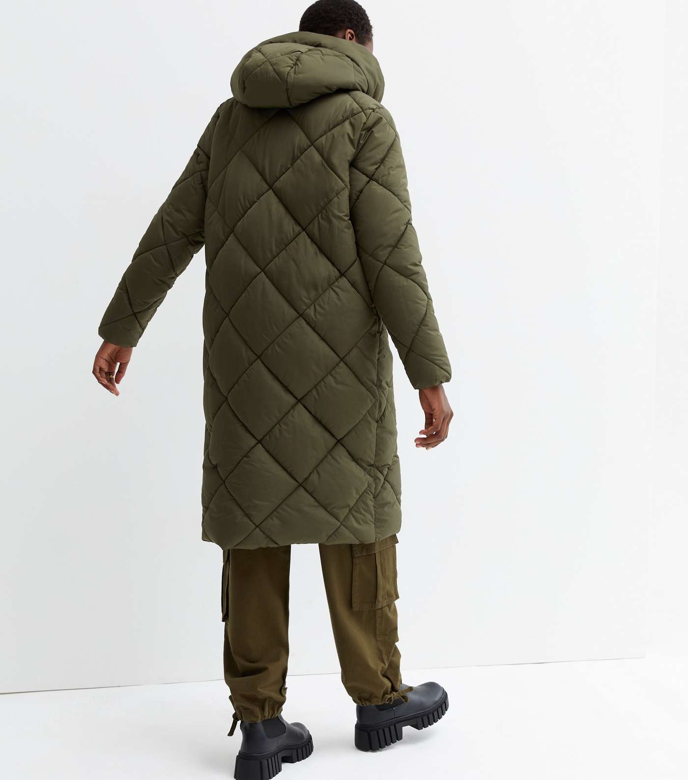 Tall Khaki Quilted Long Hooded Puffer Jacket Image 4