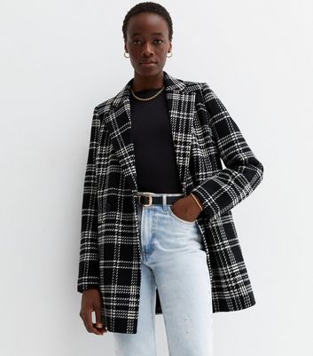 Tall Black Check Revere Collar Blazer Coat New Look