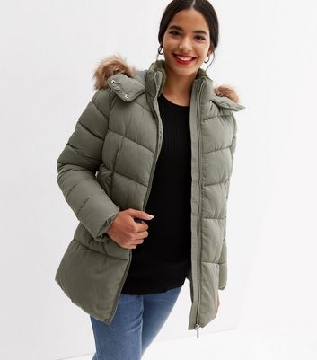 Maternity Olive Faux Fur Hooded Puffer Jacket