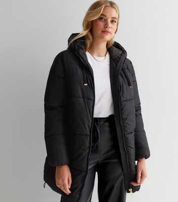 Tall Black Mid Length Hooded Puffer Jacket