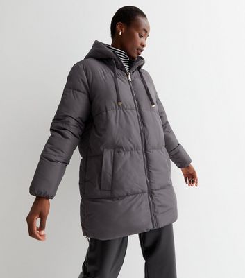 Tall Grey Mid Length Hooded Puffer Jacket New Look