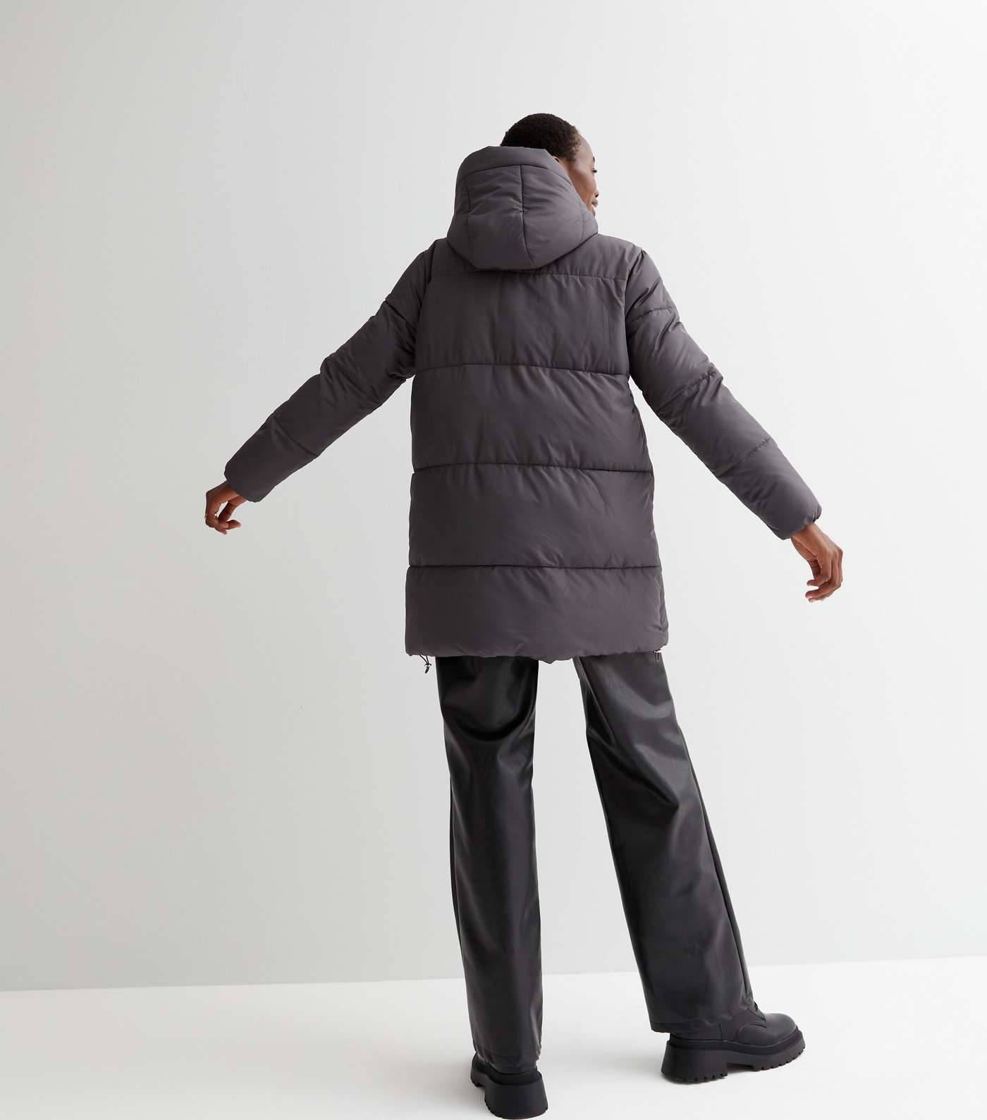 Tall Grey Mid Length Hooded Puffer Jacket Image 4