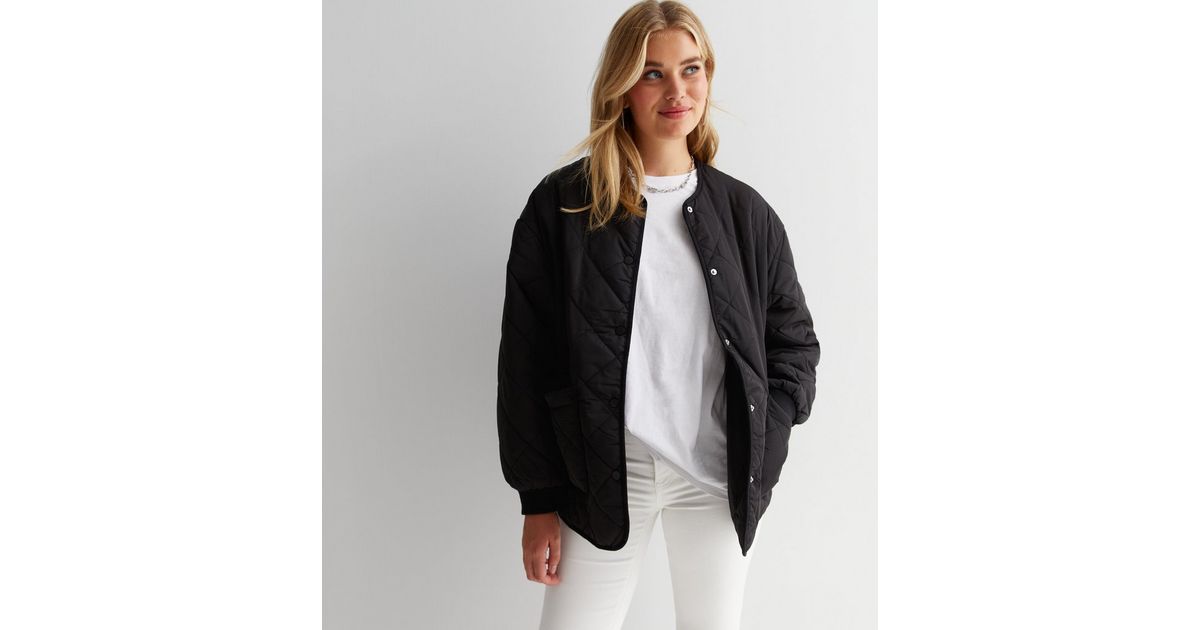 Tall Black Quilted Collarless Jacket New Look