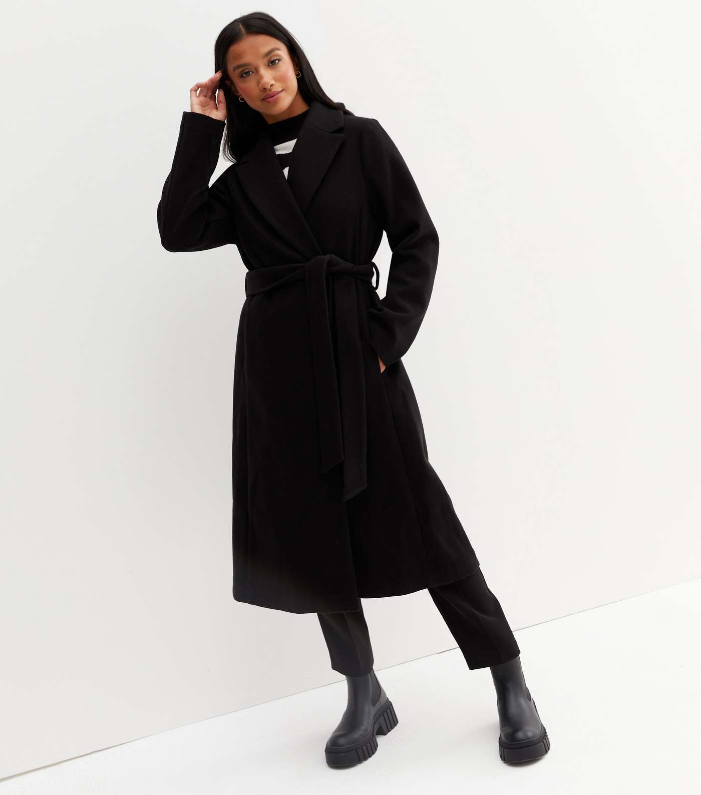 Petite Black Unlined Belted Long Coat