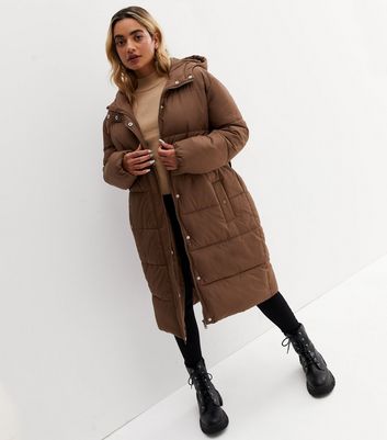 Petite Brown Hooded Long Belted Puffer Jacket | New Look
