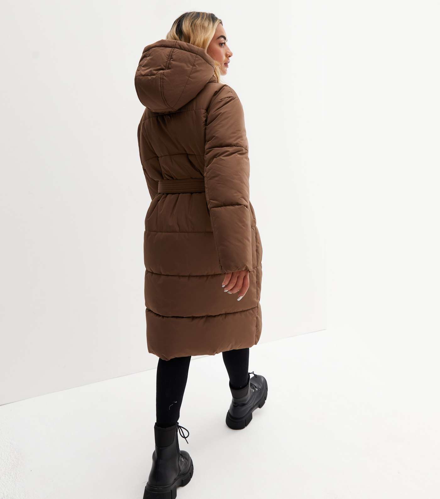 Petite Brown Hooded Long Belted Puffer Jacket Image 4