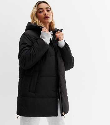 Petite Black Mid Length Hooded Puffer Jacket